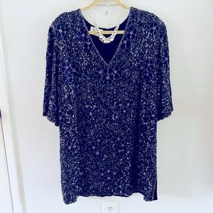 HARRODS OLIVER JAMES Sequin Bead Dress Shirt Silk Blue